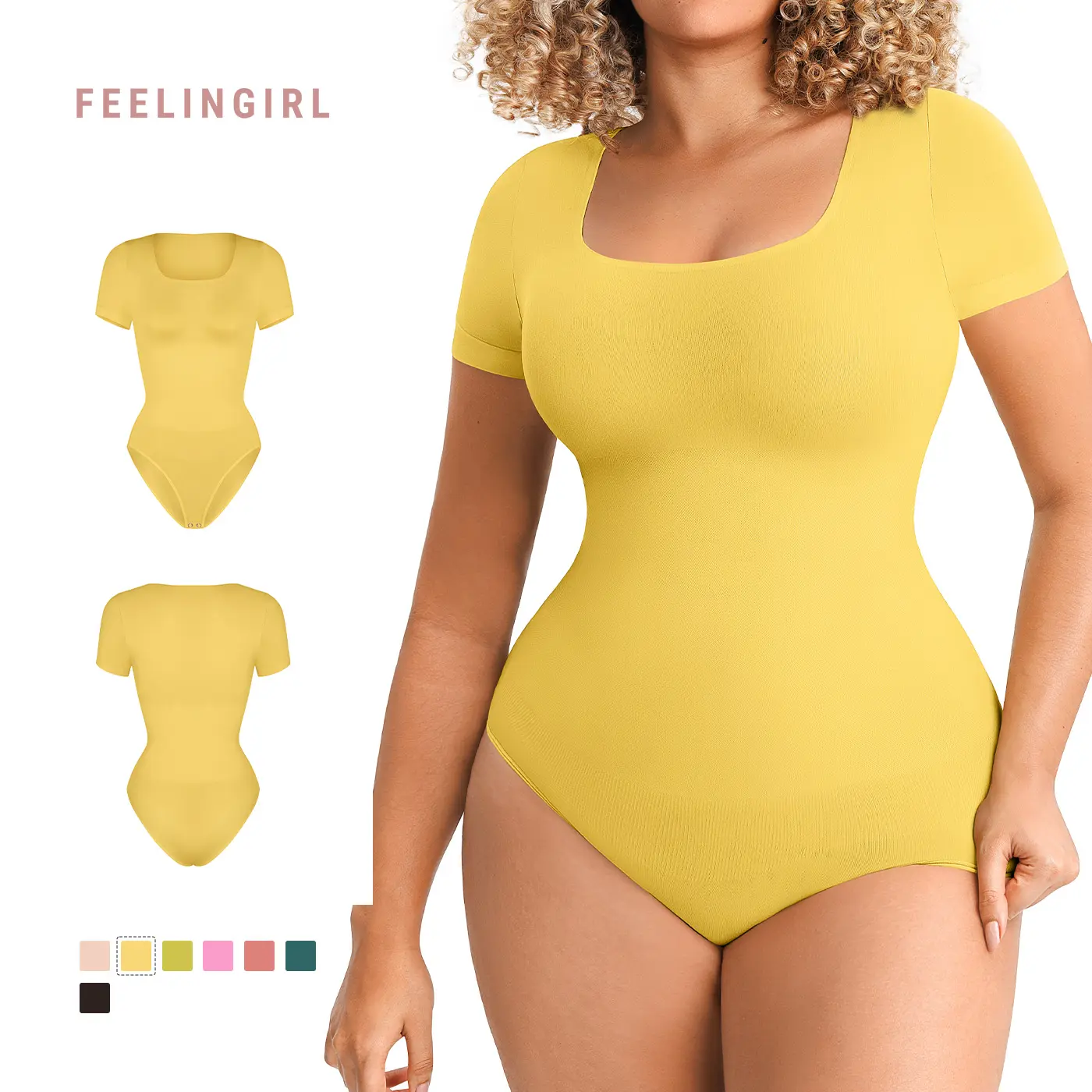 FeelinGirl FeelSoft Seamless Bodysuit for Women Light Tummy Control Scoop Neck Short Sleeve Shapewear Breathable