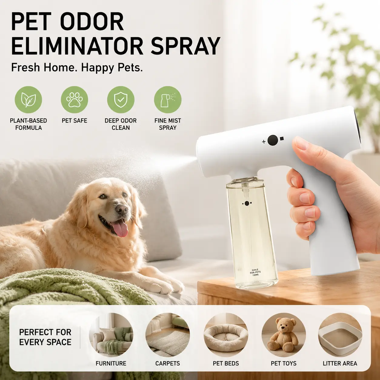 Pet Odor Eliminator Spray Gun Kit - Cat & Dog Safe Deodorizing Mist, Portable Fine Mist Sprayer with 3 Refill Bottles, Long-Lasting Fresh Scent for Litter Box & Furniture Cleaning