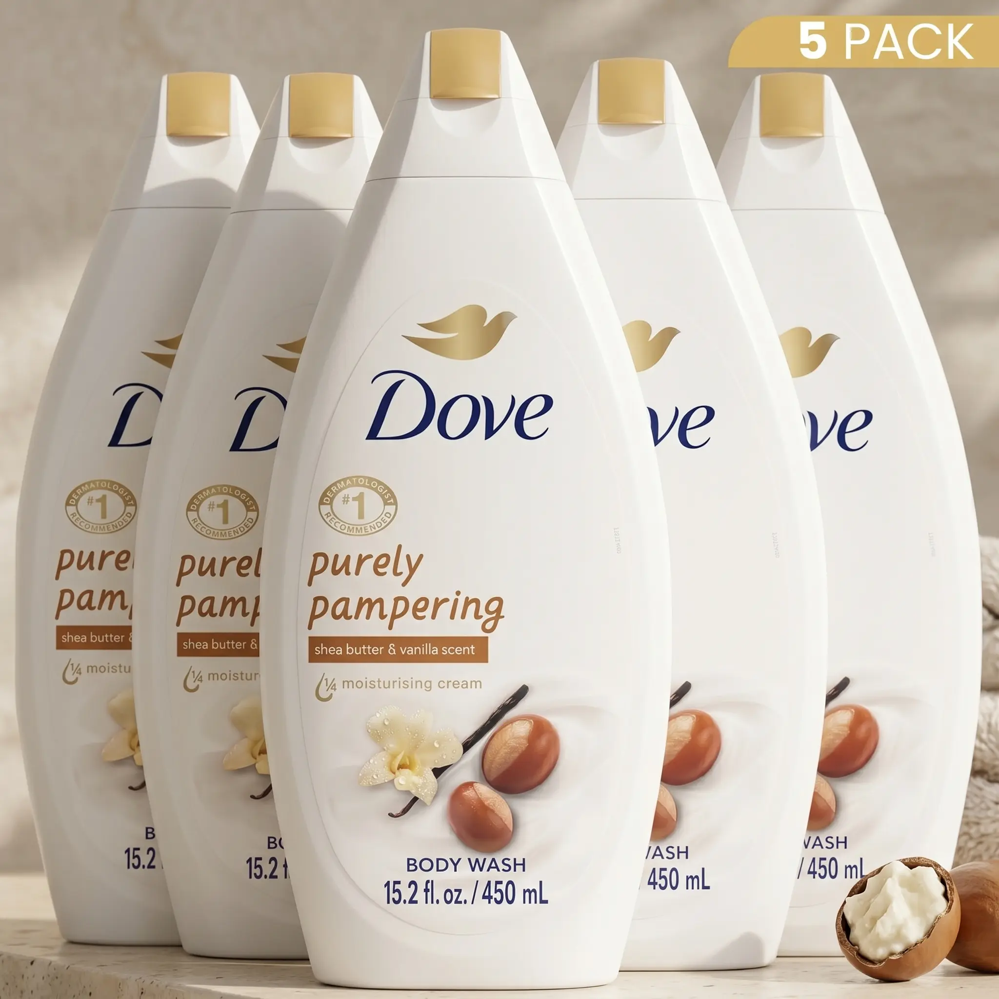 Dove Purely Pampering Moisturizing Shower Cream Cleanser - Scented with Shea Butter & Vanilla, Unisex Body Care Routine, 5-Pack 15.2 oz (450ml) Cosmetic Moisturizing Body Wash for Softer Skin & Complete Care