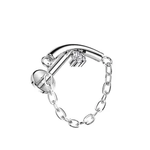 Internally Threaded CZ Crystal Center Curved Bar with Dangling Chain Hidden Helix Flat Back Stud - ASTM F-136 Implant Grade Titanium