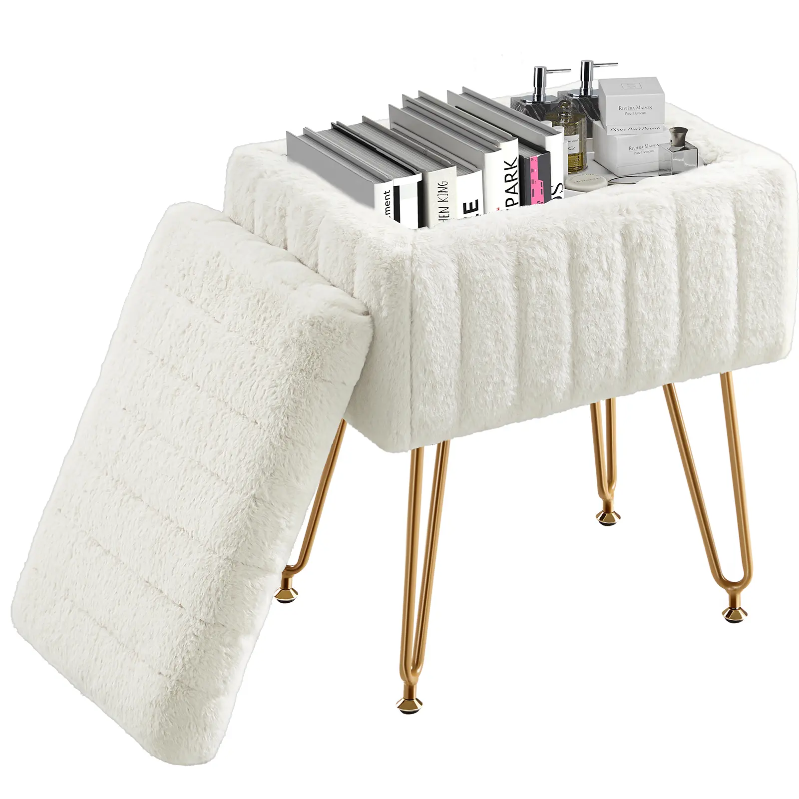 Vanity Stool Chair with Storage, Ottoman Faux Fur Soft Padded Makeup Footstools Seat Modern Footrest for Home Entryway Bedroom