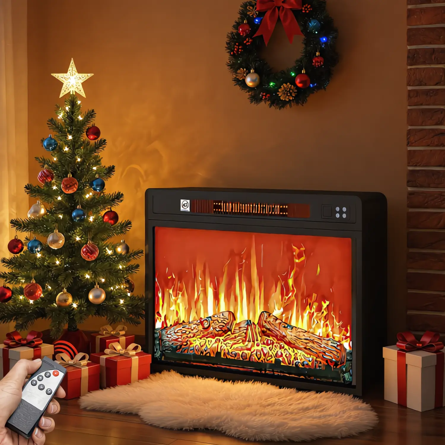 YITAHOME 23-In Kamin Fireplace with Firewood Look, 1400W Heater, Remote On/Off, Timer Control, Adjustable Temp & Flame Brightness, 120V Automatic Heating, Lights, Internal Thermostat, Mounts in Mantels & Cabinets for Living Room Quiet Nights