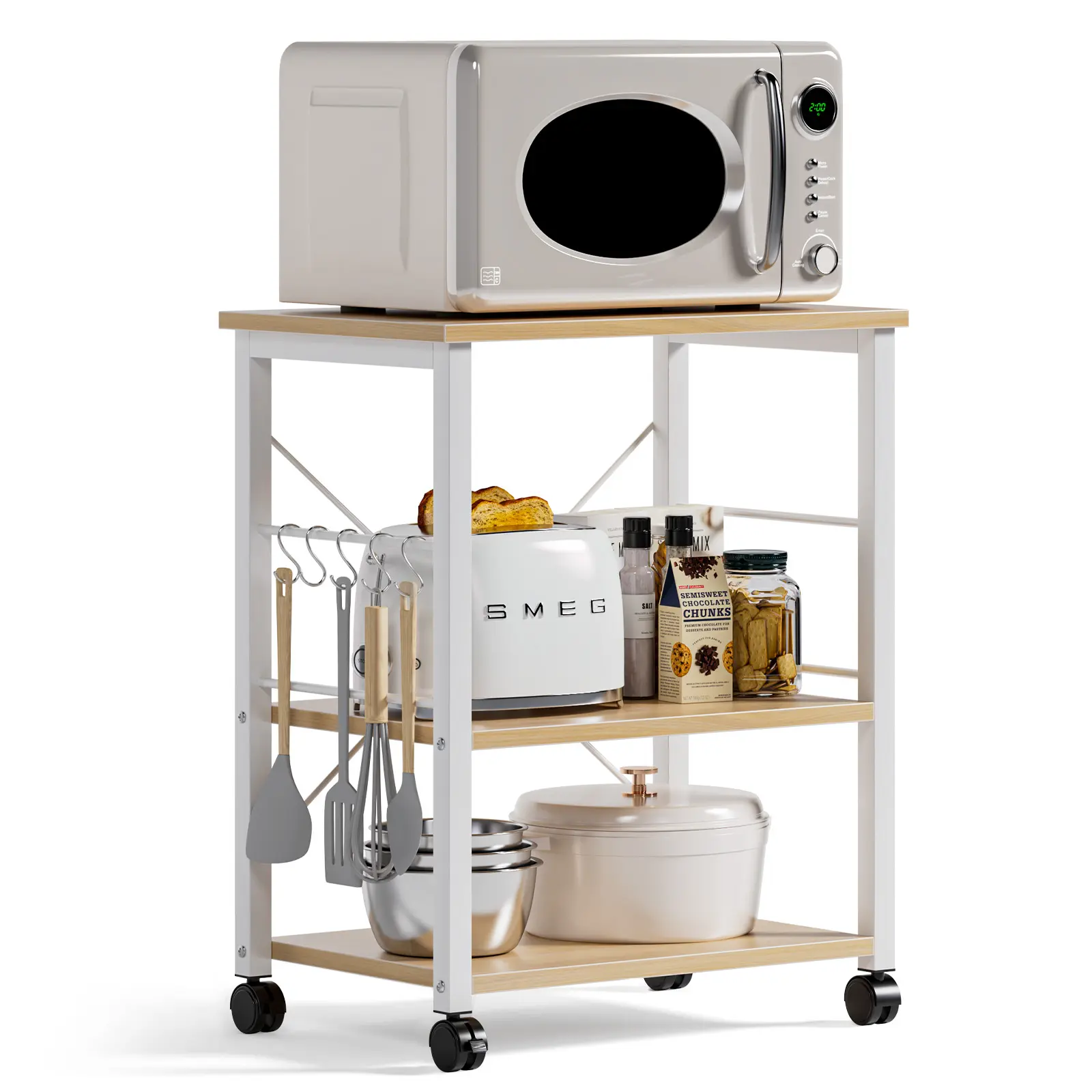 3-Tier Rolling Kitchen Cart - Standing Baker's Rack & Appliance Storage Shelf, Microwave Stand for Small Spaces w/Wheels Smooth Water Proof Wooden