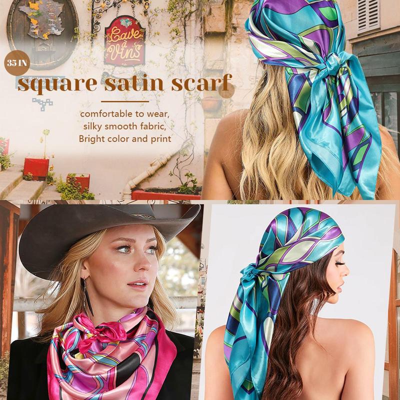 AWAYTR 2Pcs Head Scarf 35” Large Satin Square Scarf Silk-Like Headband Polyester Hair Scarf Bandanas for Women