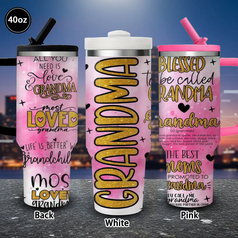 1pc 40oz (1,000-2,000 ml) Glittery Grandma Love Vacuum Flask Tumbler with Lid and Straw, Portable Winter Insulated Novelty Mug, Ideal Birthday Gift for Women, Office Use Kitchenware Drinkware