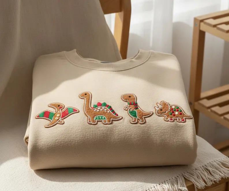 Embroidered Gingerbread Dinosaur Christmas T-shirt Sweatshirt Hoodie: Holiday Dino Crewneck
