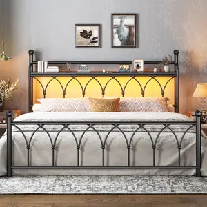【882LBS Capacity】 King/Queen Size Metal Bed Frame with Headboard & Footboard,Iron Bed Frame with LED Lights and Power Outlets, Under Bed Storage Space & Strong Metal Slats,Sturdy & Noise-Free,Industrial,Vintage,Modern Bedroom Furniture,Easy Assembly,White
