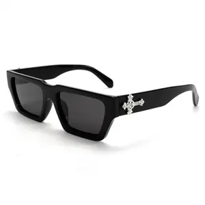 2026 Edgy Black Rectangle Sunglasses Rhinestone Cross UV Protection Daily Streetwear PC Glasses