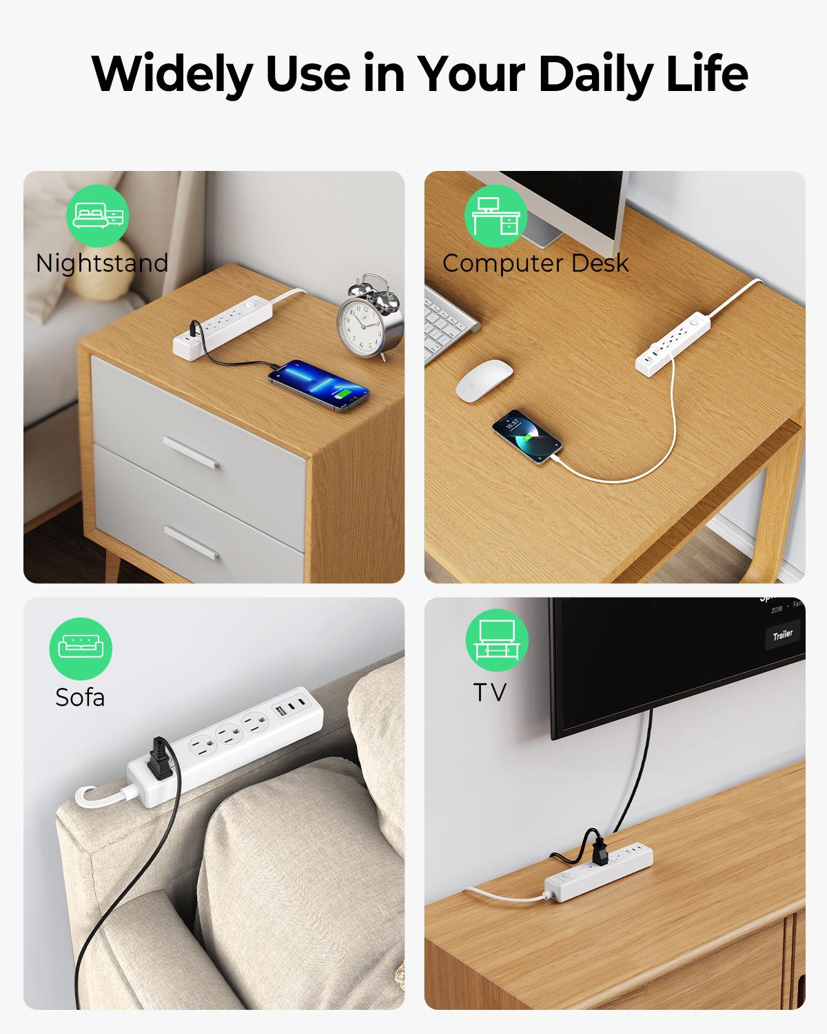 ORICO PW-3A1U2C 25FT Flat Extension Cord, 6-in-1 Power Strip with 3 AC Outlets, 1 USB-A & 2 USB-C Ports, Multiple Protection, Compact for Home & Office-PW