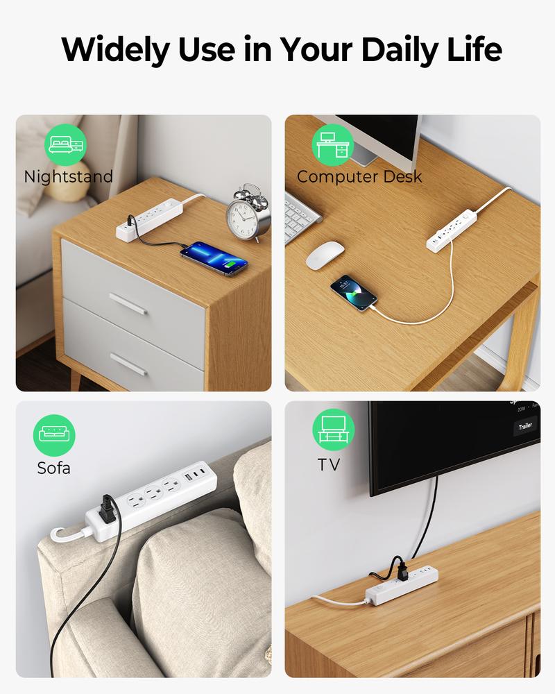 ORICO PW-3A1U2C 25FT Flat Extension Cord, 6-in-1 Power Strip with 3 AC Outlets, 1 USB-A & 2 USB-C Ports, Multiple Protection, Compact for Home & Office-PW