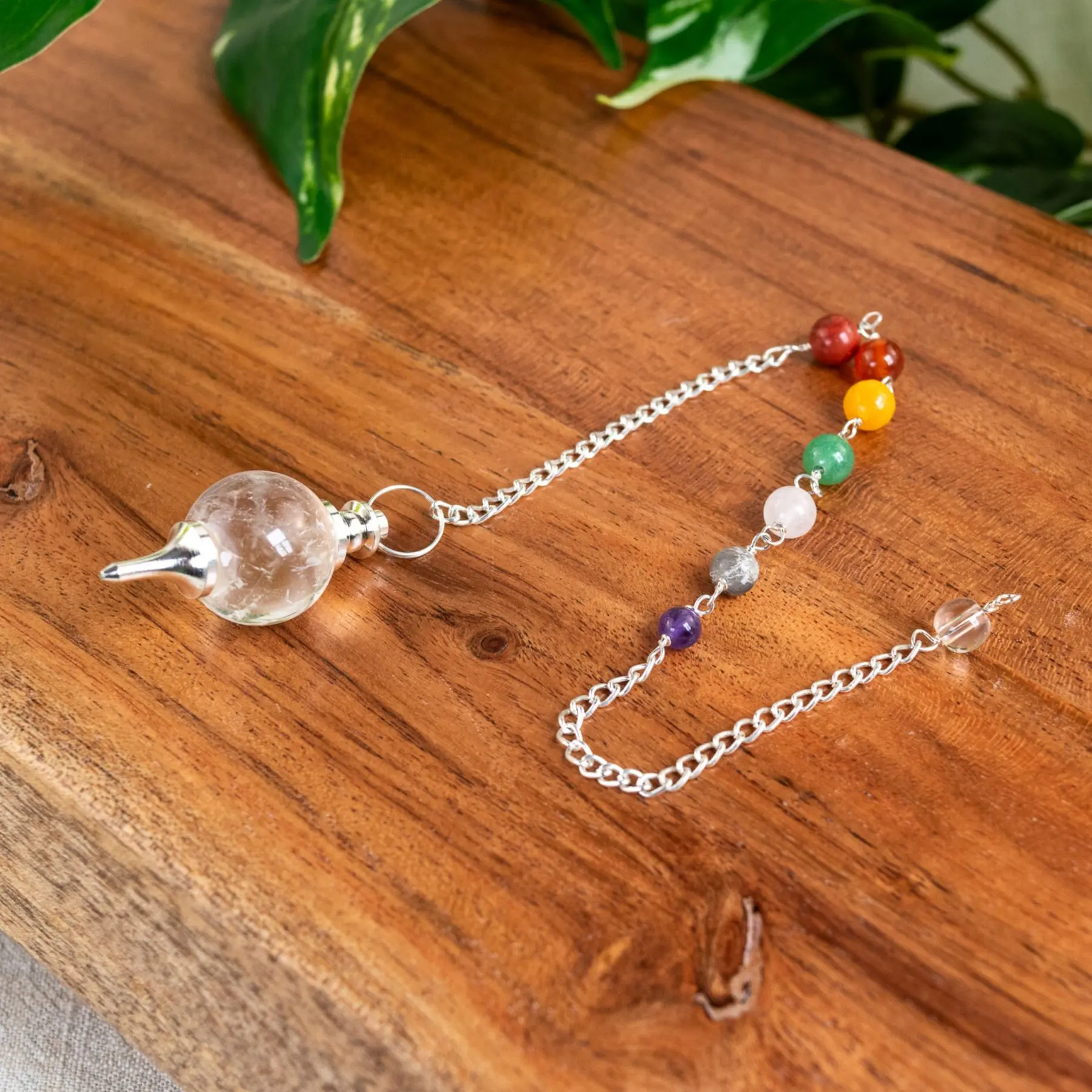 Down to Earth Clear Quartz Sephoroton Pendulum with 7 Chakra Stones