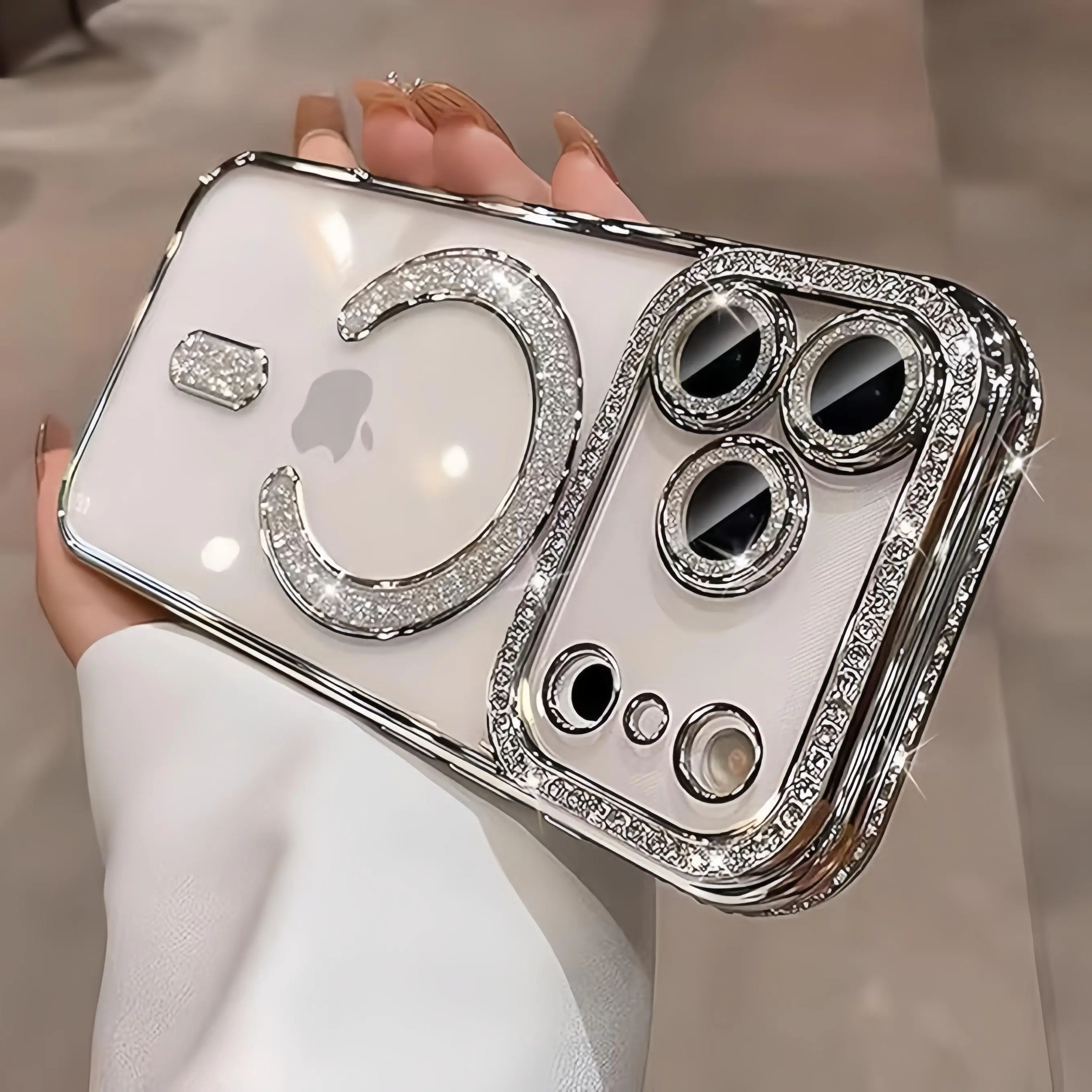 Glitter Transparent Magsafe Wireless Charging Case For iPhone 17 Pro Max 16 15 Plus,Cute Clear Glitter Bling Diamond Rhinestone Sparkly Case Camera Lens Protectors Plating Cover Shockproof Cellphone