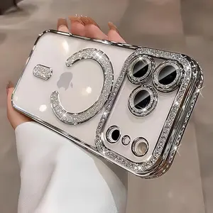 Glitter Transparent Magsafe Wireless Charging Case For iPhone 17 Pro Max 16 15 Plus,Cute Clear Glitter Bling Diamond Rhinestone Sparkly Case Camera Lens Protectors Plating Cover Shockproof Cellphone