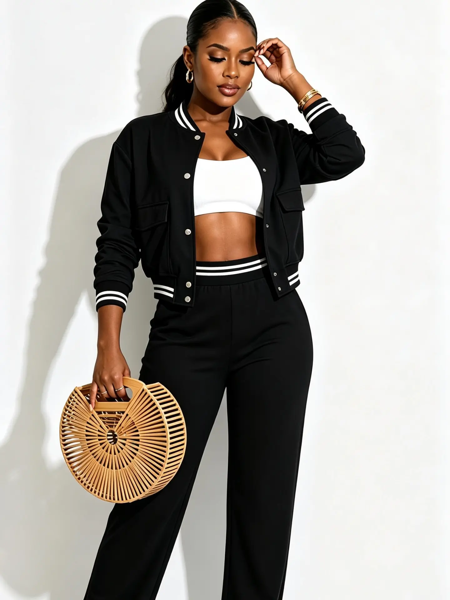 Women's Striped Trim Cropped Varsity Jacket Wide Leg Pants 2 Piece Outfit, Long Sleeve Baseball Jacket High Waist Trousers Casual Matching Set
