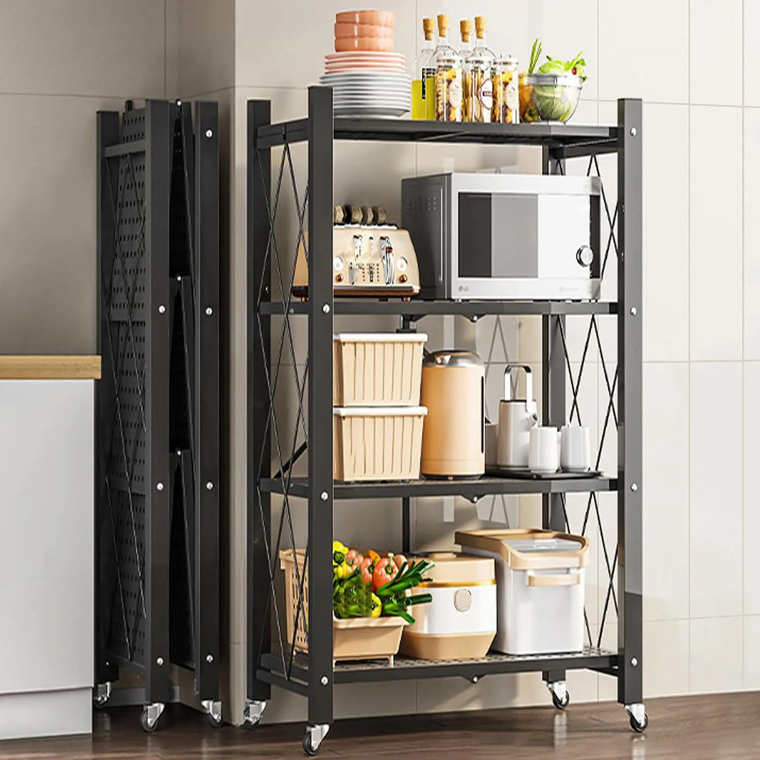 Joybos 5-Tier Foldable Rectangle Metal Storage Rack Shelf with Wheels - Rust-Resistant, Space-Saving Home Organizer, 330lb/150kg Capacity, Surface Mount for Garage Organization, Closet Storage, Bedroom, 5-Tier Metal Storage Shelf Utility Racks, 4-Tier ; 5