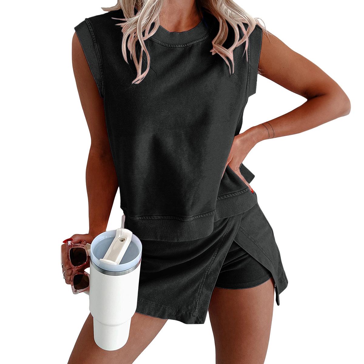 Mntaor Women's Casual 2 Piece Mineral Wash Cotton Tank Top and Lined Split Skirt Set in Solid Color - Womenswear, Clothes, Fit Basic