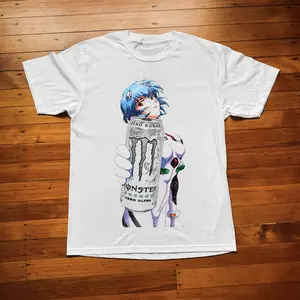 Rei Ayanami Monster Energy Drink Pose T-Shirt, Iconic Anime Girl Holding Can Funny Parody Graphic, Neon Genesis Evangelion Series Pop Culture Meme Shirt For Anime Fans, Unisex Cotton Crewneck T-Shirt Menswear Womenswear Streetwear Top