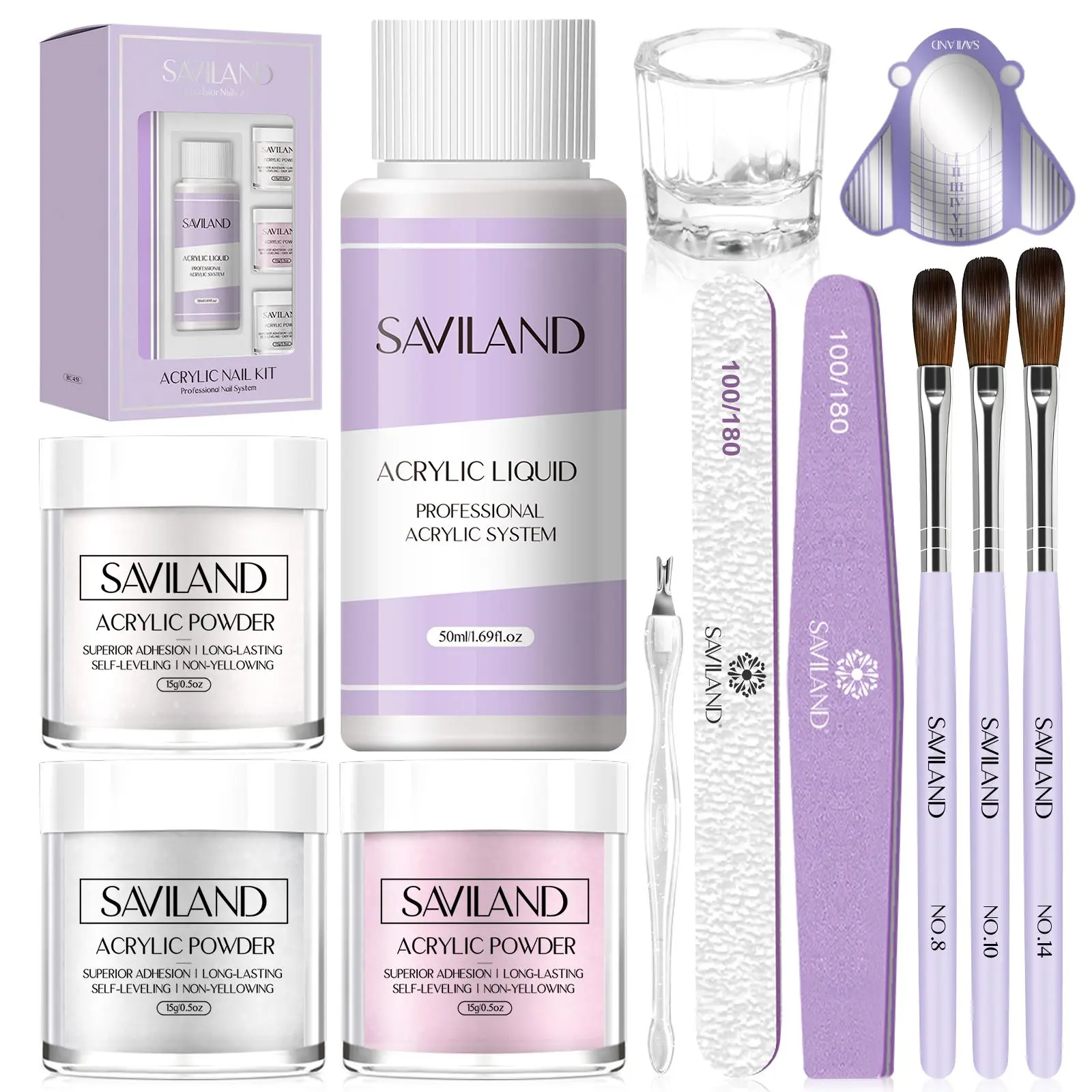 SAVILAND Acrylic Nail Kit for Beginners - Clear White Pink Acrylic Powder Set with Liquid Brushes Forms and Dappen Dish for DIY Nail Art and Manicure at Home summervibes