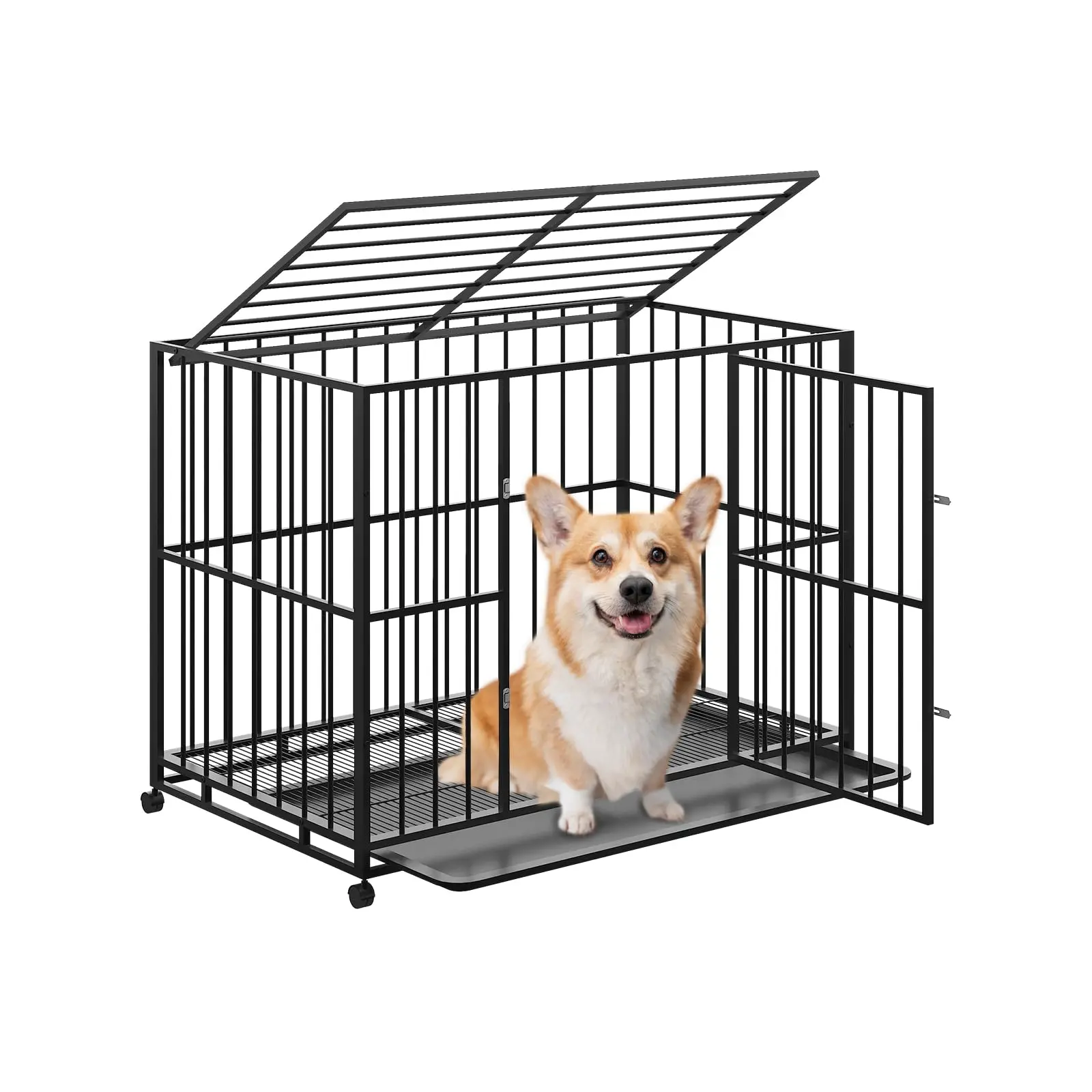 Heavy Duty Stainless Steel Dog Crate Easy to Clean Kennel for Small & High Anxiety Dogs Escape-Proof, Stackable, Locking Wheels, Removable Tray, Portable,  Indoor Use, 36 Inches