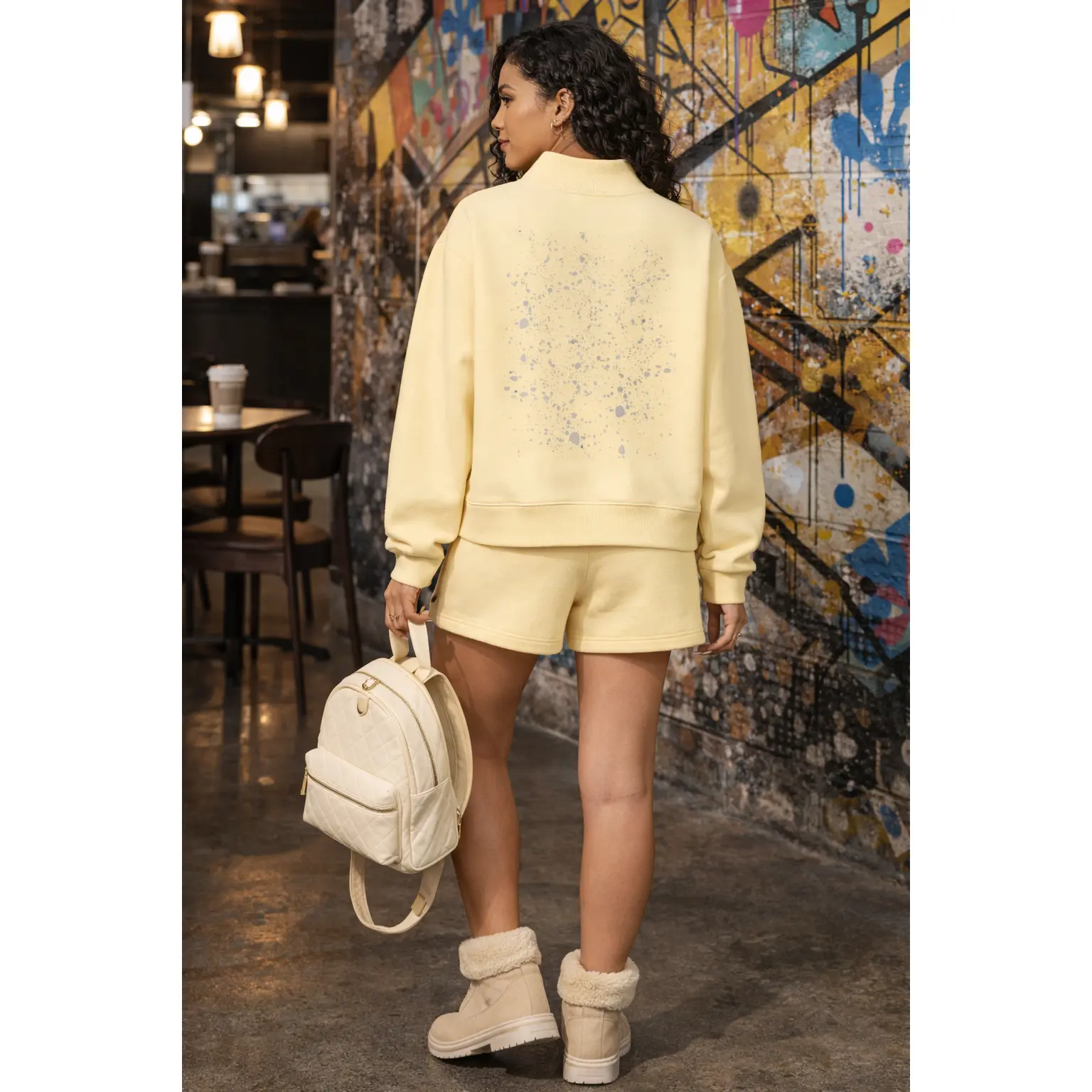 Women's Oversized Cropped Sweatshirt, Mock Neck Pullover in Heavyweight Polyester Fleece with Statement Paint Splatter Graphic, Fabric, Garment, Apparel, Cotton, Soft, Tops, Everyday, Turtleneck, Hoodie, Piece, Fit, Print, Drop Shoulders, Relaxed Fit