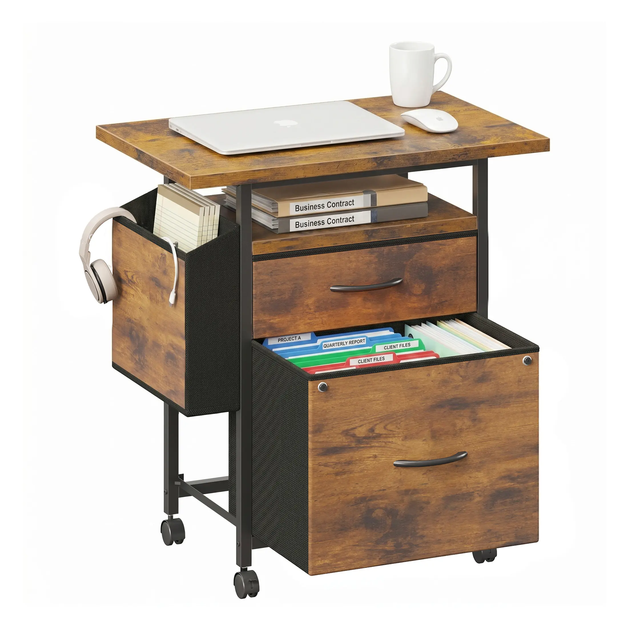 2 Drawer File Cabinet With 24 Inch Wide Desktop, Rolling Printer Stand With Lockable Wheels, Fabric Drawer Mobile Printer Cart With Side Bag For Home Office