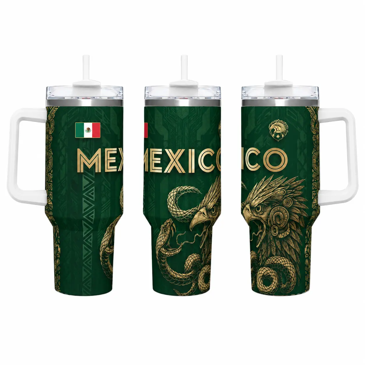 18/8 Steel Safe Insulated Stainless Steel Tumbler Cup - 40oz (1,000-2,000 ml) Portable Travel Mug with Handle & Lid, Mexico Emblems, Aztec Pattern Dark Green Print, 24H Cold 12H Hot Hold, Proud Mexican Heritage Birthday Gift for Adults