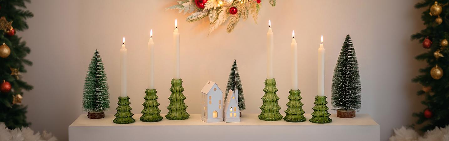 NUPTIO Christmas Tree Candle Holder: 3 Pcs Green Glass Candlestick Holders, Indoor Christmas Oraments, Taper Candle Holders for Table Centerpiece Dinner Gathering Party Home Decor