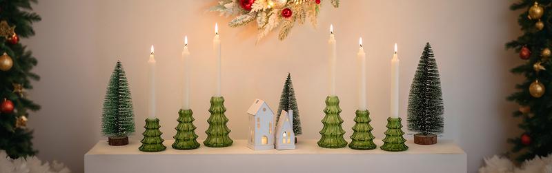 NUPTIO Christmas Tree Candle Holder: 3 Pcs Green Glass Candlestick Holders, Indoor Christmas Oraments, Taper Candle Holders for Table Centerpiece Dinner Gathering Party Home Decor