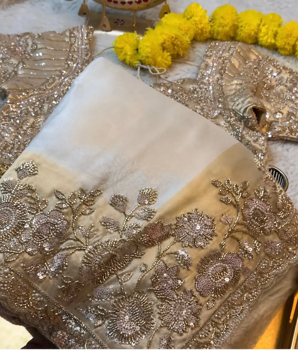 Elegant Bridal Designer Soft Woven Silk Saree with Floral Embroidery, Sequins, Heavy Handwork Stitched Blouse, Scalloped Border - Women's Wedding Costumes, Statement, Women's Clothes, Rich, Party, Fully Stitched, Hand-Stitched, Silk Weave