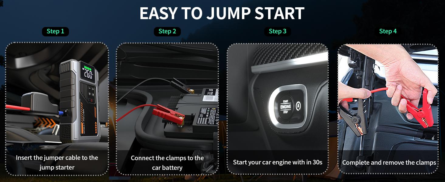 Geeneu Portable Car Jump Starter W100 12000mAh with Air Compressor (8.0L Gas & 6.5L Diesel) 150 PSI Tire Inflator, LED Light, 12V Car Battery Jump Power Autos Automotive Vehicle Carjack Tool Kit