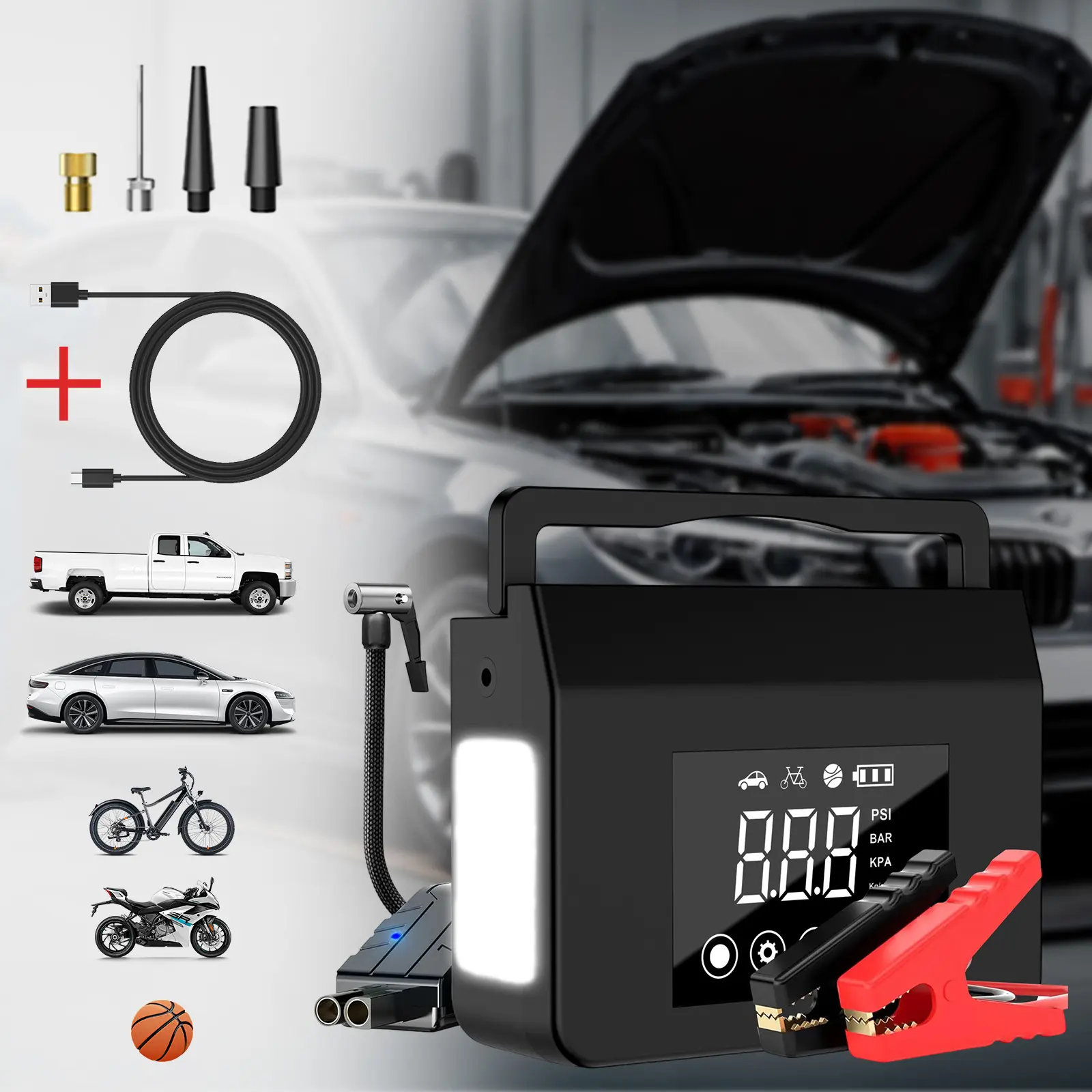 【HiEHA | TikTokShopBackToSchool】Compact 4-in-1 Portable Jump Starter - 4000A 12V Car Battery Booster, 150PSI Air Compressor with Pressure Control, 15000mAh Portable Power Bank, LED Flashlight, Auto Shut-Off, Jumper Cables for Multi-Vehicle