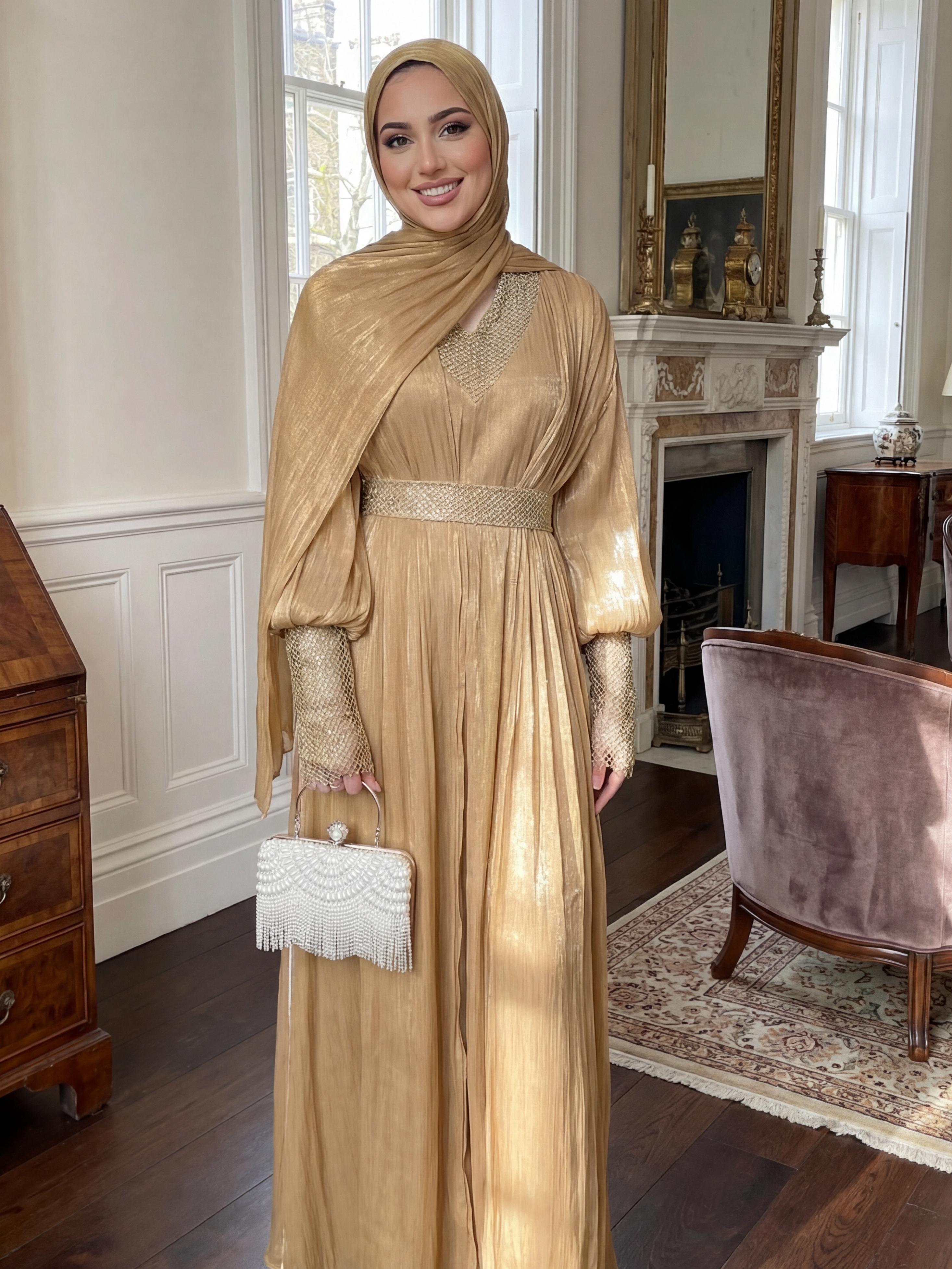 CL04 Shining Luxury Diamond Chiffon Robe Set for Weddings Dinners Dates Four-Piece Maxidresses Shararadress with Hijab Inner Dress Robe Coat and Belt