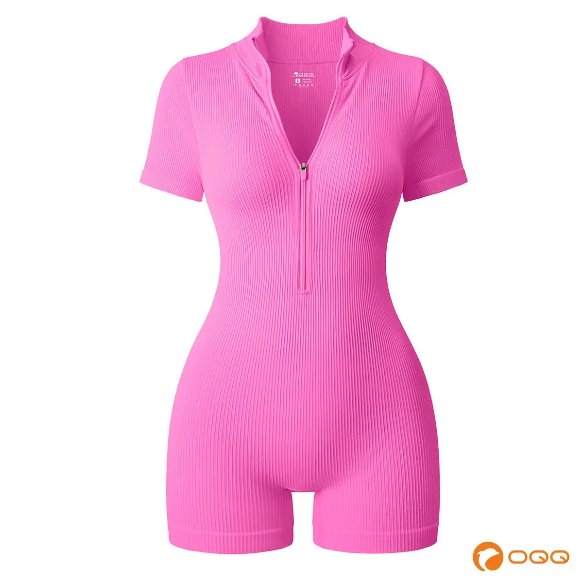 OQQ-Nine cents Women Yoga Rompers Workout Ribbed Short Sleeve Zip Front Exercise Rompers