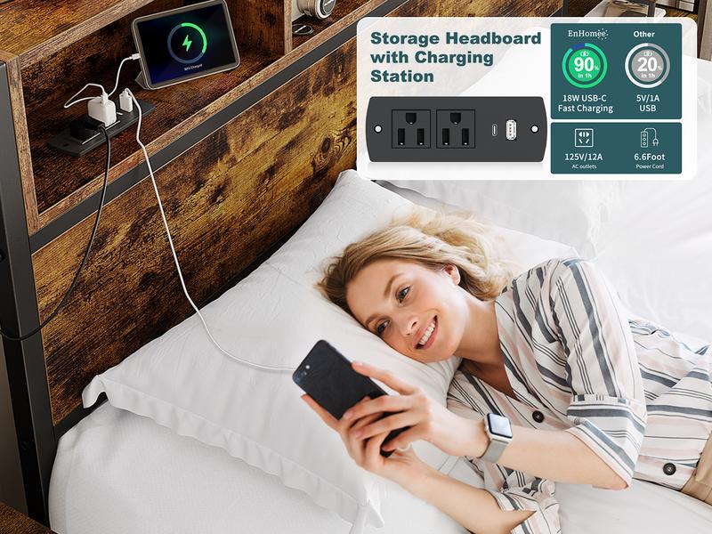 Raybee 6 Drawers Wood Bed Frames for King Queen Full, Luxury Platform Bed Frame with Storage Head Board & Build-in Power Outlet, Holds up to 1000lbs with Metal Frame & Slats, Noise Free, Space Saving for Bedroom