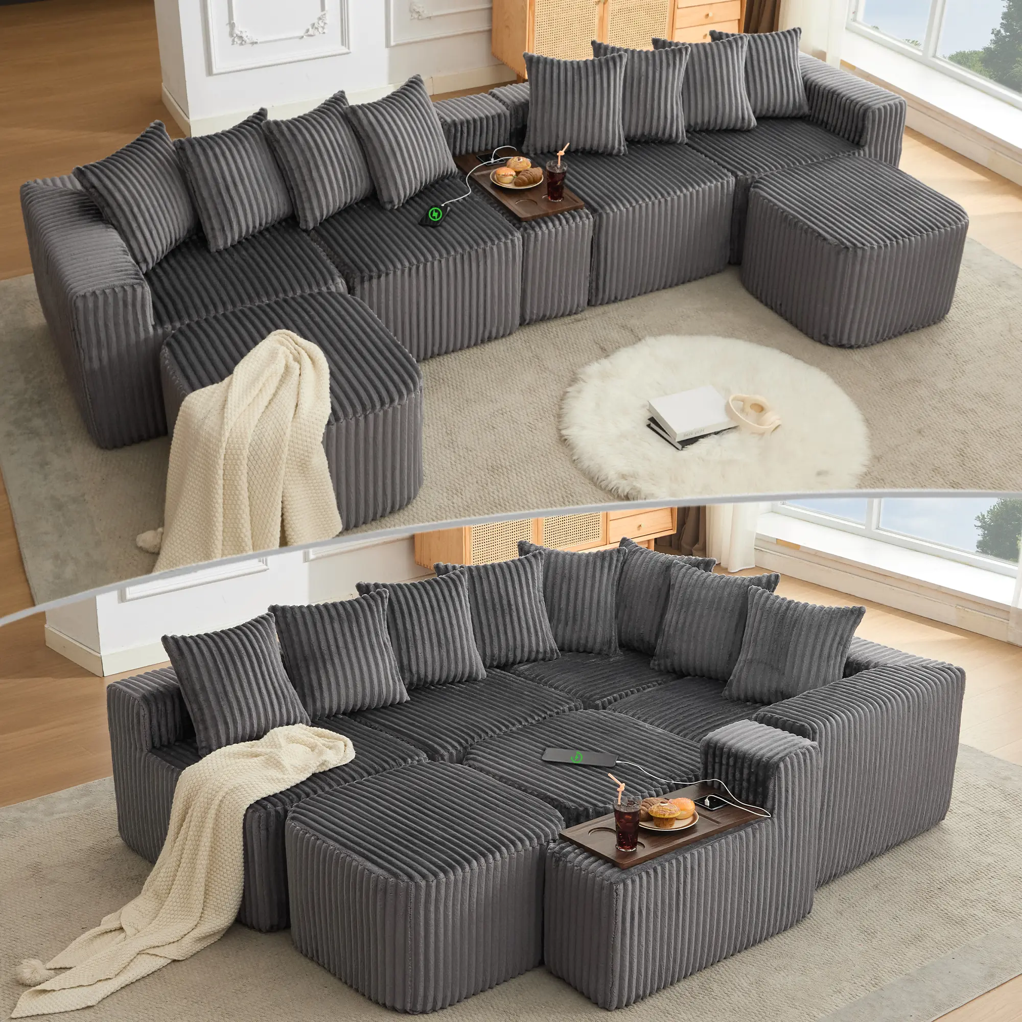 Eyisean 137.5in Corduroy Modern Modular Boneless Sectional Sofa - 8-in-1 Comfy Couch with Ottoman, Pillows, Coffee Table Board (2 Cup Holders, Built-in Power USB Wireless Charging) - No Assembly Required for Living Room Watch Parties