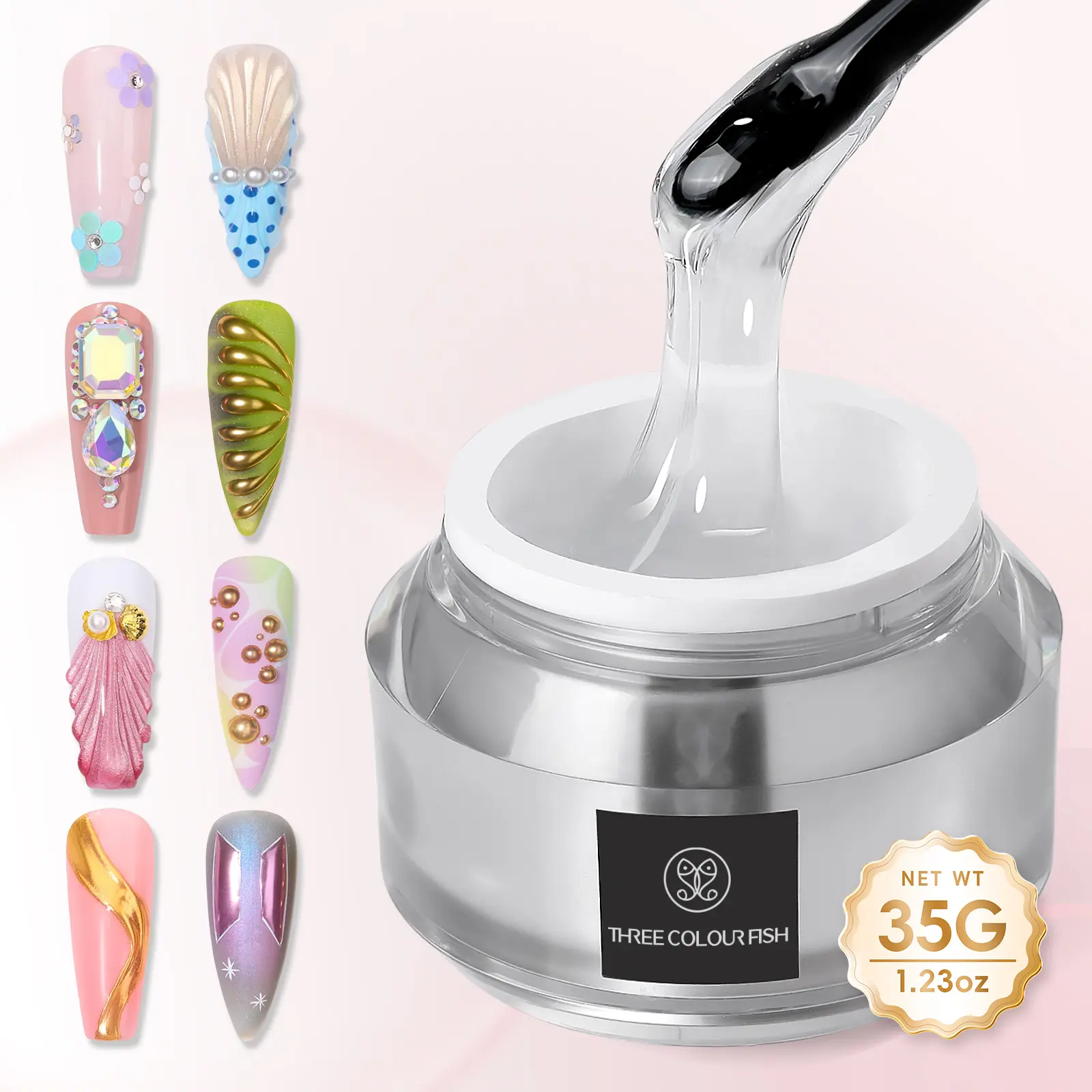 TRICOLOR FISH Nail Rhinestone Glue Gel with Brush Pen Set, 35G Top Coat Clear Nail Gem Glue Wipe-Off Super Strong Adhesive Nail Art Glue Gel for Nail Decorations 3D Stones Charms Flowers, Nail Lamp Neede