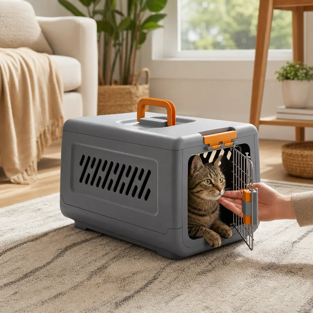 Foldable Airline Pet Carrier for Cats - High-Strength ABS, Airflow Mesh, 2-Way Door, Portable Car Transport & Outing Travel Cage