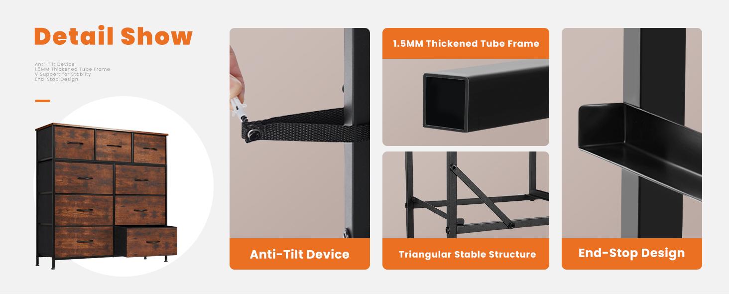 FurnishFlex Dresser, Dresser for Bedroom, Storage Drawers, Fabric Storage Tower with 9 Drawers, Chest of Drawers with Fabric Bins, Steel Frame