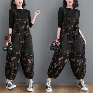 Baggysweatpants Loose Jeans Black Jumpsuit Women Casual Oversized Big Pockets Print Floral Denim Overalls Strappy Fitted Strappy Womenswear Style