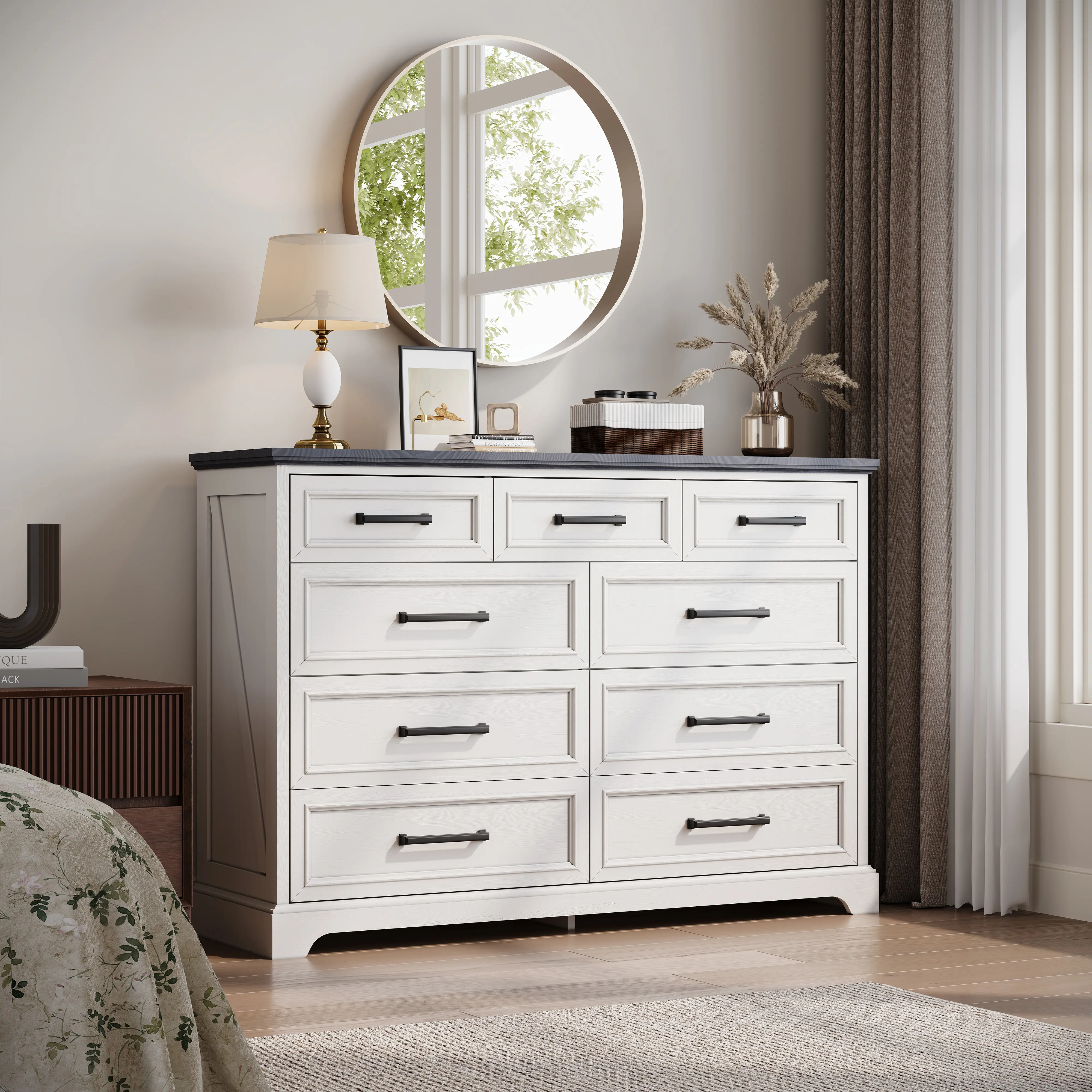 LINGMU 52" Farmhouse Drawer Dresser Cabinet with 9 Drawers, Widen Matte Metal Handles, Rustic Weathered Wood Finish for Bedroom, Living Room