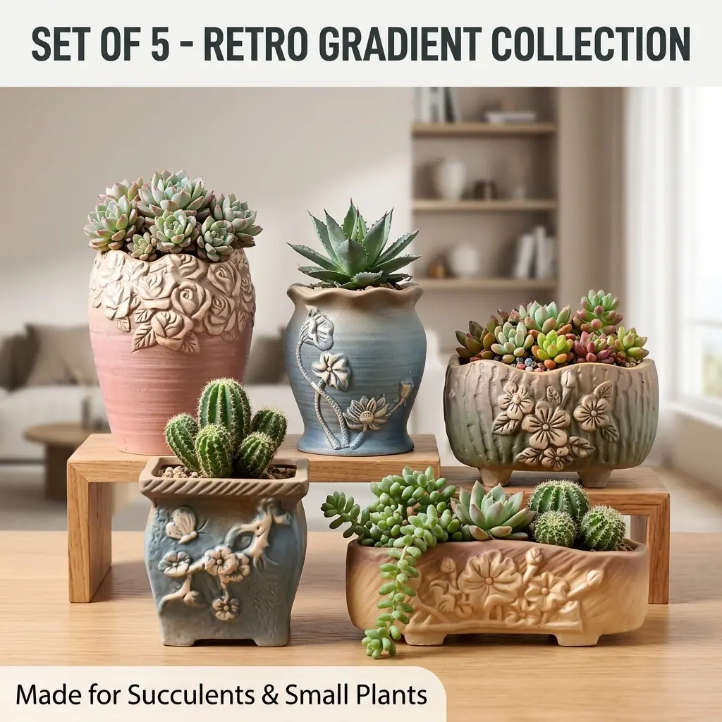 Retro Carving Ceramic Succulent Flower Pot Urns Set (5-Piece) - Gradient Glazed, Drainage Holes, Rustic Round Clay Assorted Pots, Succulent-Ready Indoor Room Decor, Vintage Home Decor Gift for Plant Lovers