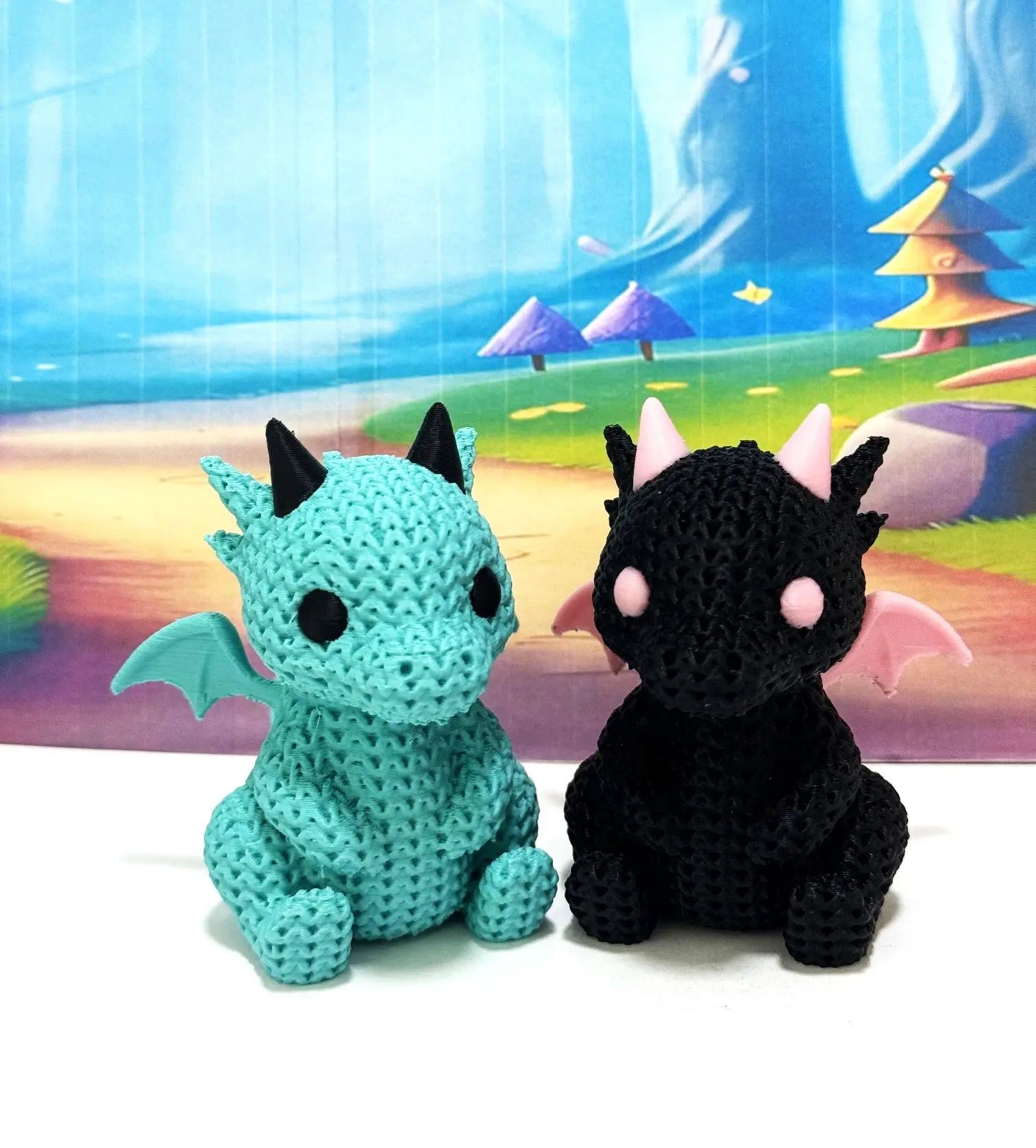 2pcs 3D Printed Knitted Dragon Figurine, 2.75 Inches Teal Baby Dragon, Cute Gamer Shelf Decor, Desk Buddy
