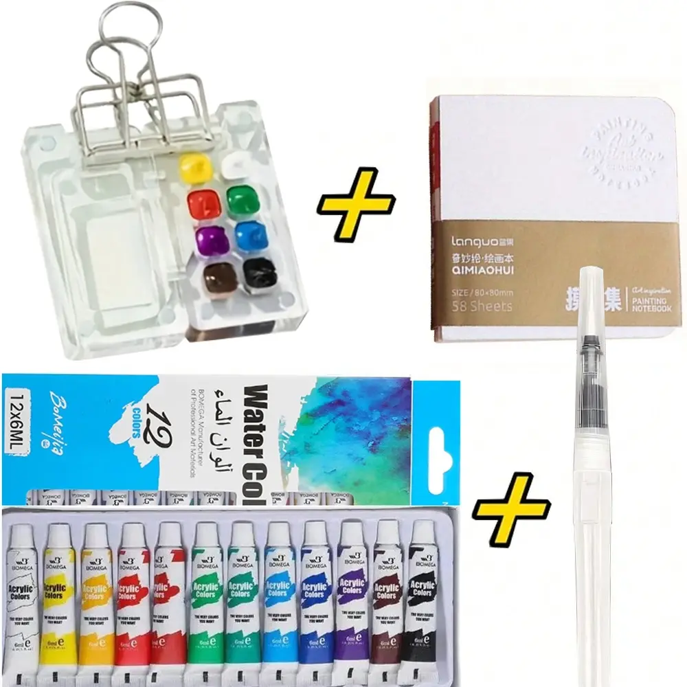 Artist's Go-To 8/15-Well Acrylic Palette Watercolor Set, 12 Colors with Matching Notebook Brushes & Clips, Ideal for Art Enthusiasts, Acrylic Art Kit