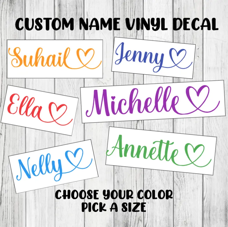 Custom Name Decal Specialty Vinyl Personalized Cursive Lettering Heart Sticker Organiser, Bottles, Cups, Laptop, Luggage, Car, Truck, Window, Wall Vehicle Exterior Decoration