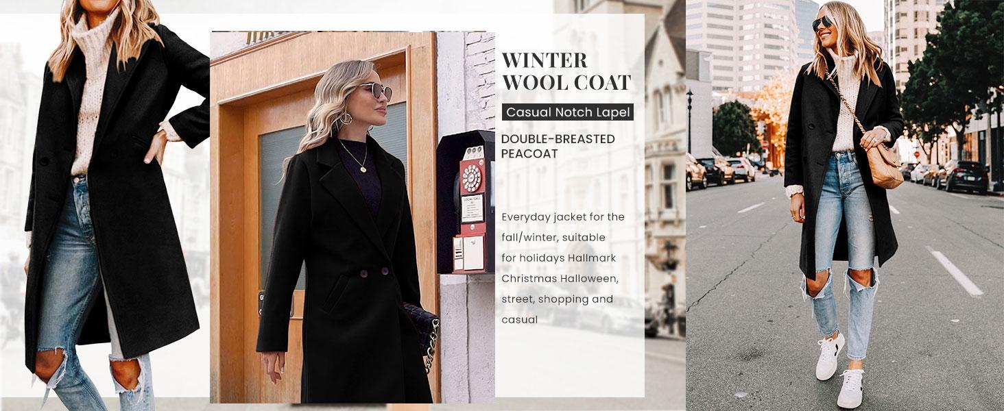 Molitree Women's Winter Notch Lapel Double Breasted Wool Blend Mid Long Pea Trench Coat