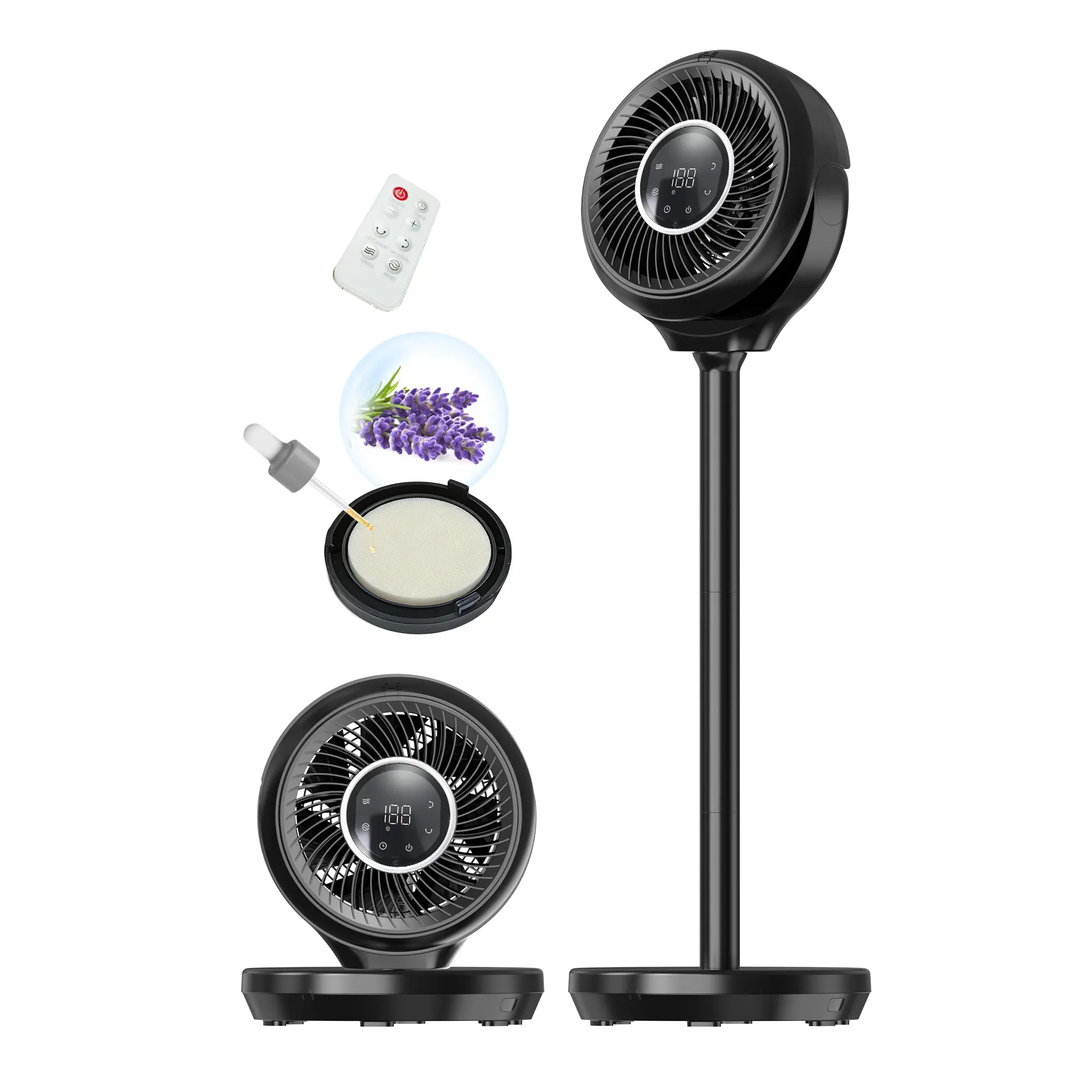 2-in-1 Convertible Pedestal & Desk Air Circulator Fan with Aromatherapy Function, Remote Control, LED Display, Quiet Oscillation for Bedroom, Home Office