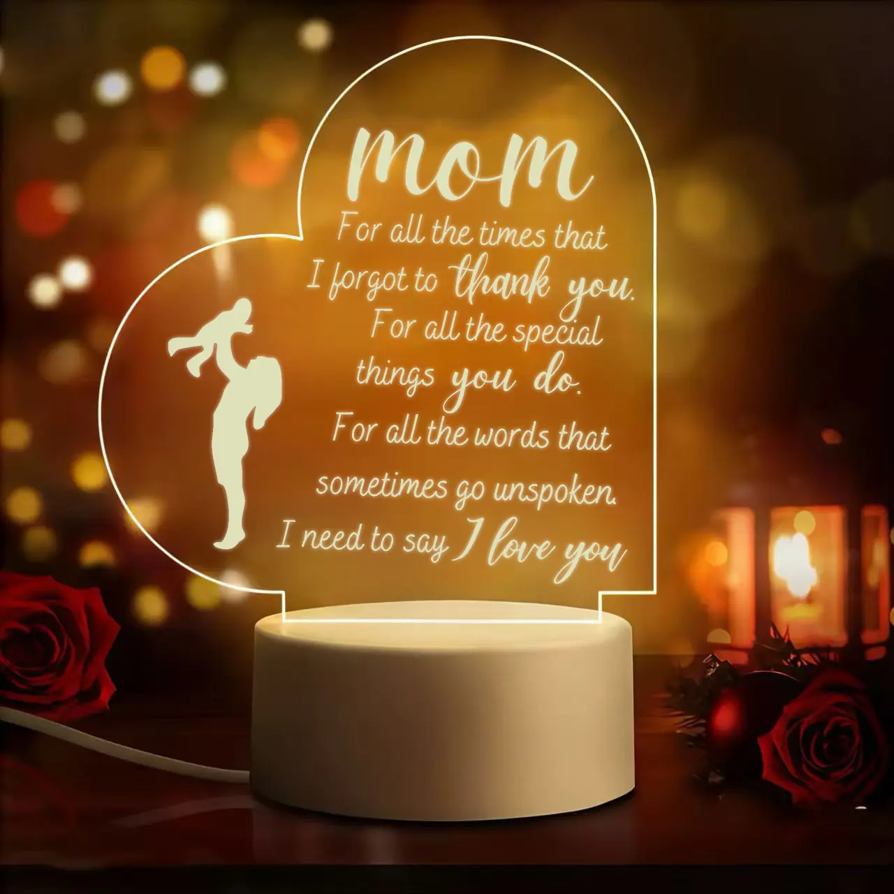 Heart-Shaped Mom-Child Silhouette LED Acrylic Night Lamp - USB Power, 9.5cm Diameter, Assemble-Ready, Protective Film Included, Quote Decor, Farmhouse Bedroom Light Decoration, Mother's Day Birthday Gift from Child