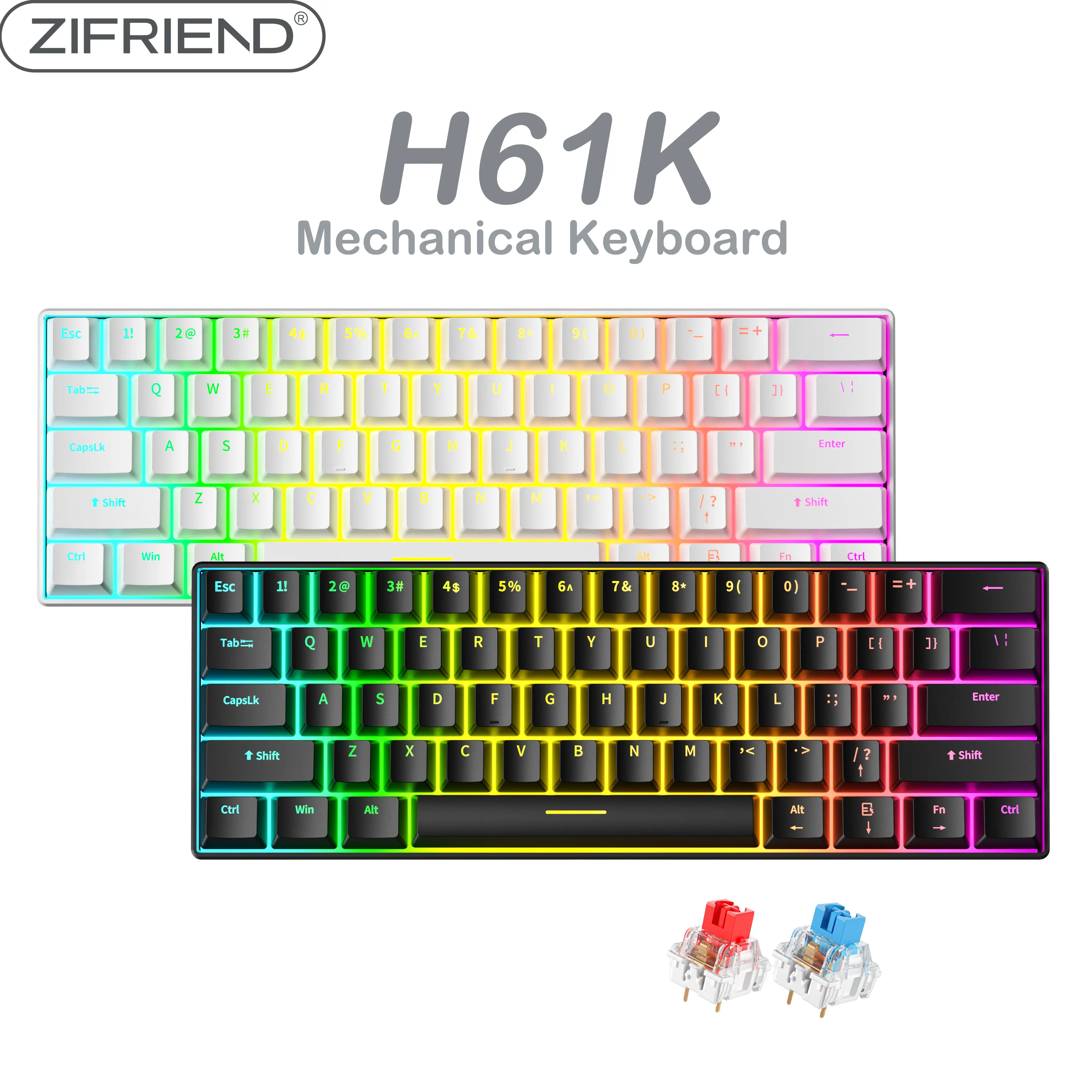 Zifriend x FURYCUBE H61K 60% Portable Mechanical Gaming Keyboard, 61-Key Ultra-Compact, Rainbow Backlit, Hot Swappable Ergonomic Accessory Keyboard for PC, MAC, PS4, Xbox, Black/White,Gamingsetup, budget gift, dealsforyoudays