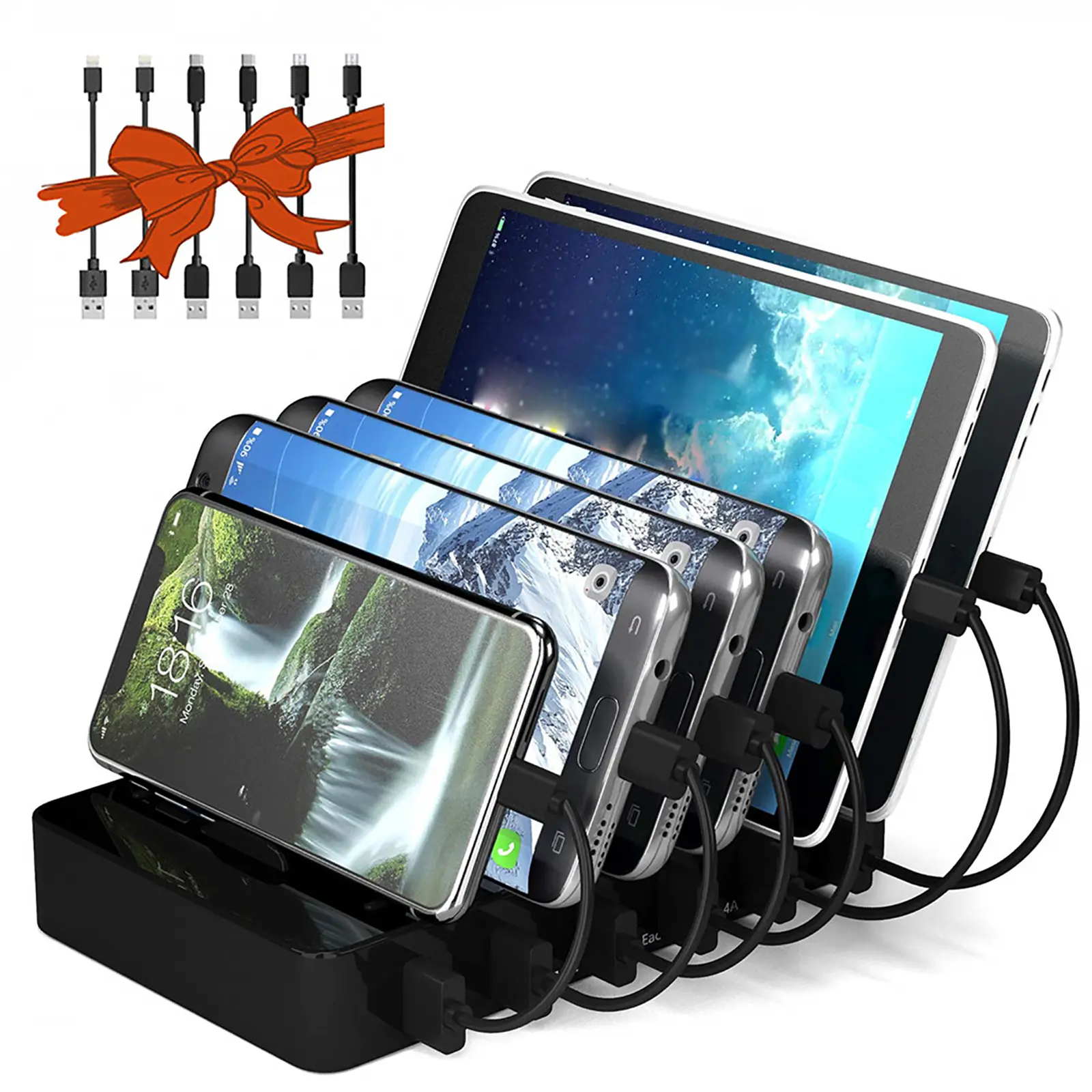 CHARGEKNIGHT 50W 6-USB Port Mobile Charging Station, 10W Speed Electronic Charger for Cellphone, Apple iPhone/iPad, Android Phone/Tablet, with Integrated Cable Compatibility