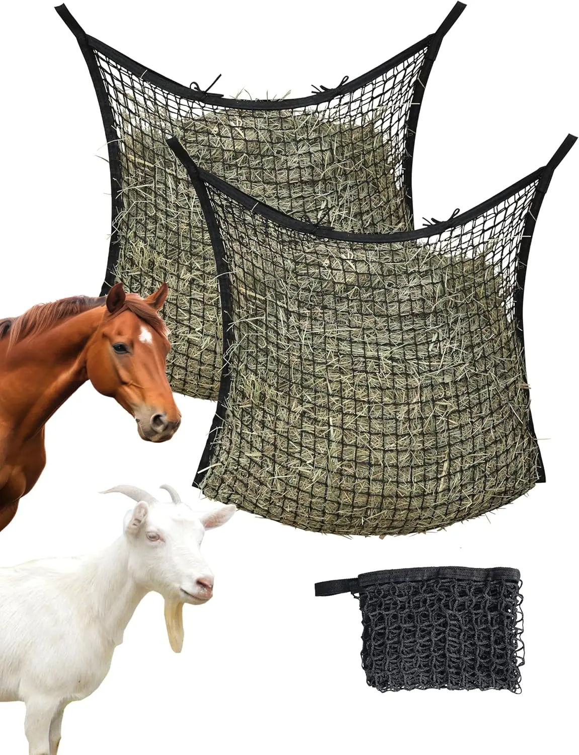 Harrison Howard Square Opening Slow-Feed Horse Hay Net, 24x35in Green, Large Capacity Feeding Bag with Compact Storage, 1-Hand Fill, Tight Mesh Minimizes Loss, Fold-to-Pocket, Reduces Waste, Promotes Health, One-Hand Fill
